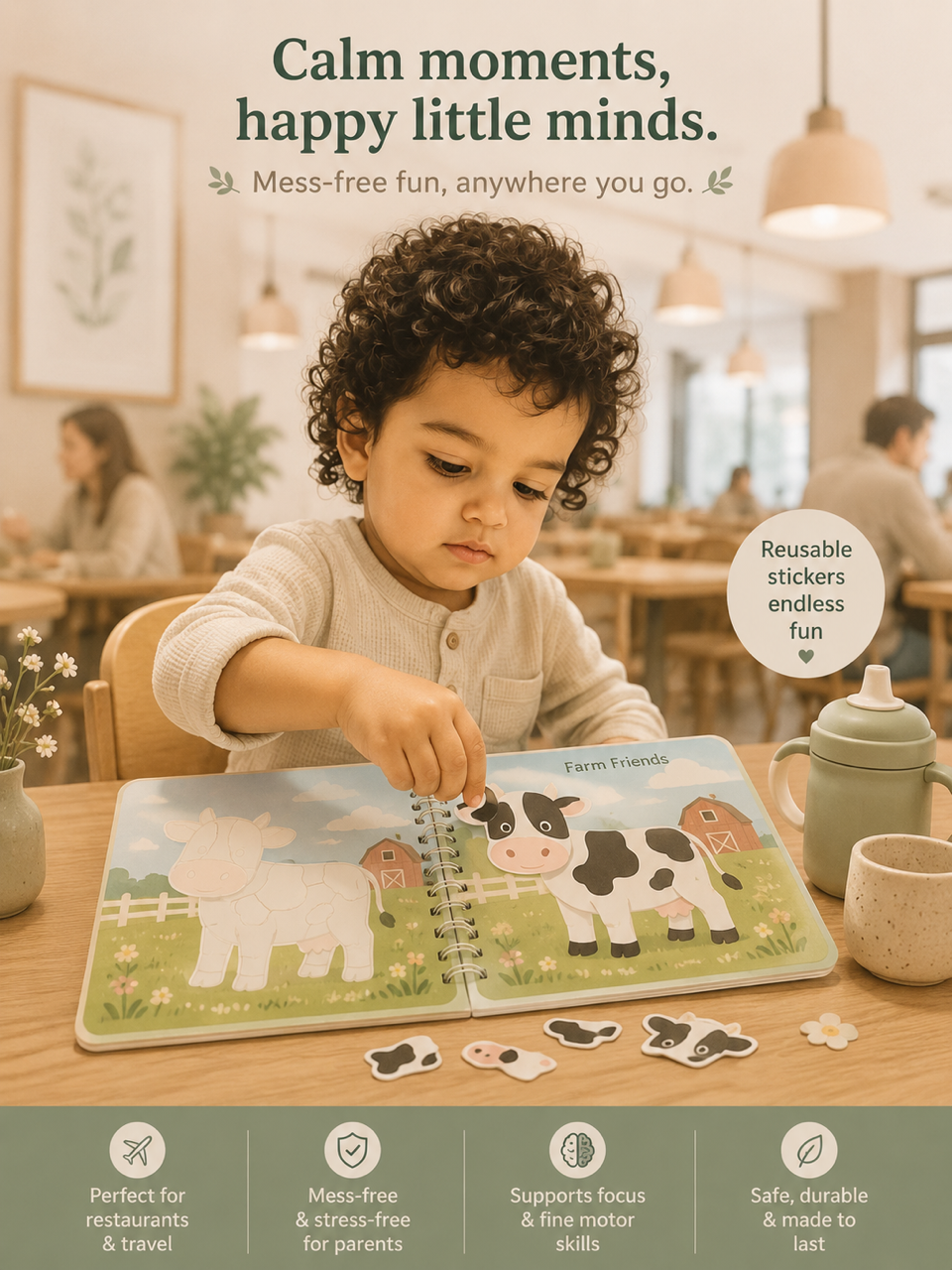 Toddler calmly playing with a Stickaro reusable sticker book at a restaurant table